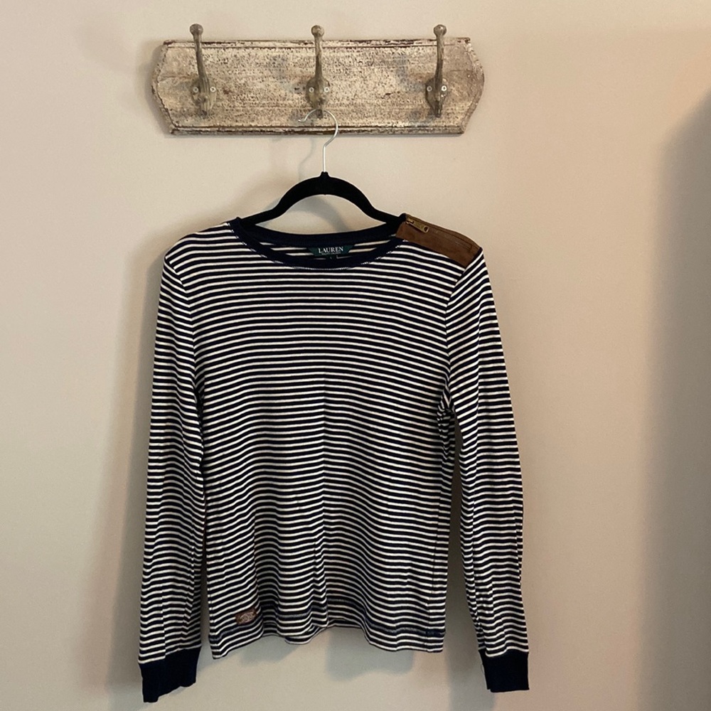 LAUREN Ralph Lauren Navy & Cream Striped Long Sleeve Top with Faux Suede Detail